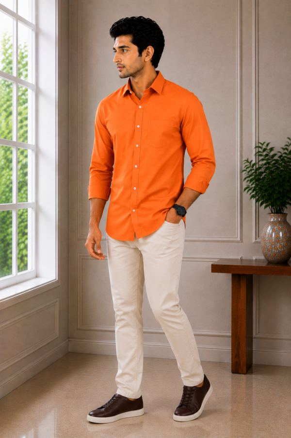 Men's Vibrant Orange Classic Fit Long Sleeve Button-Down Shirt - Image 4