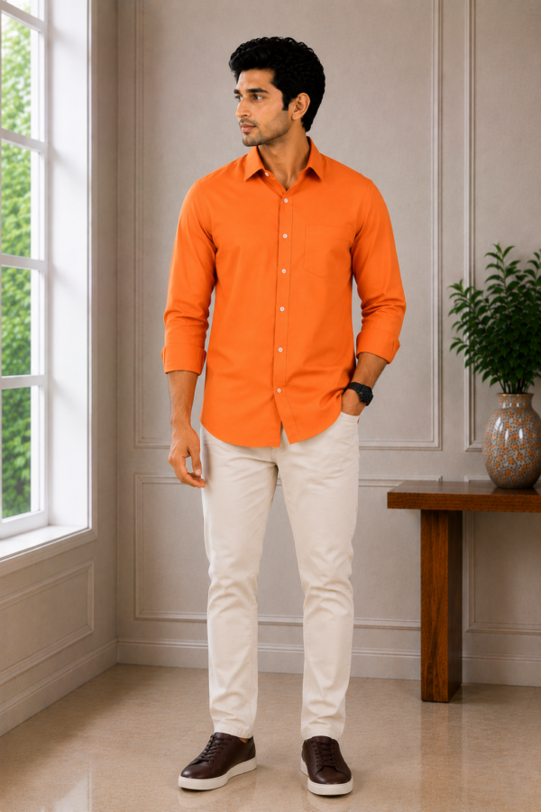Men's Vibrant Orange Classic Fit Long Sleeve Button-Down Shirt - Image 3