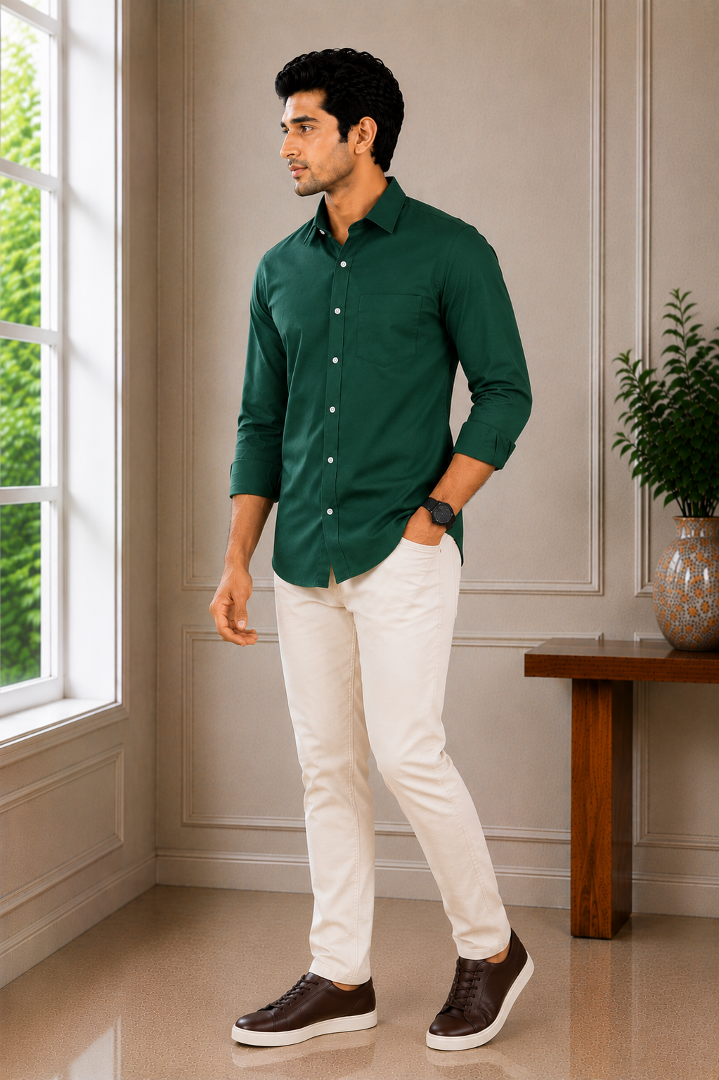 2026/08/1001563893.png Men's Premium Emerald Green Solid Cotton Shirt - Image 1