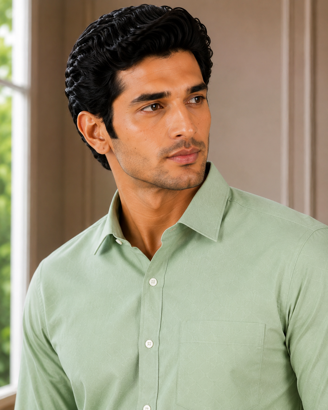 2026/08/1001564323.png Sage Green Textured Slim-Fit Men's Dress Shirt - Image 1
