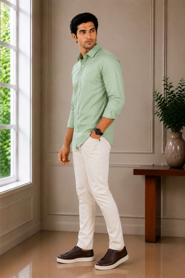 Sage Green Textured Slim-Fit Men's Dress Shirt - Image 3