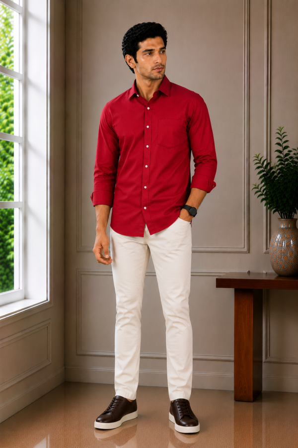 Men's Crimson Red Tailored Fit Textured Casual Shirt - Image 3