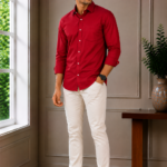 Men's Crimson Red Tailored Fit Textured Casual Shirt
