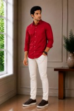 Men's Crimson Red Tailored Fit Textured Casual Shirt