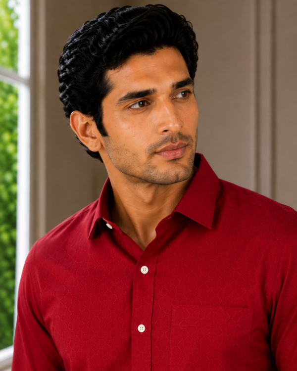 Men's Crimson Red Tailored Fit Textured Casual Shirt - Image 4