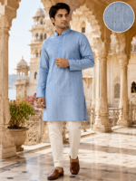 Heritage Sky Blue Textured Cotton Kurta - Image 5