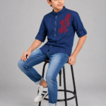 Boys Navy Blue Embroidered Mandarin Collar Shirt