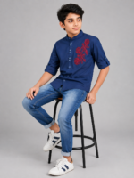 Boys Navy Blue Embroidered Mandarin Collar Shirt