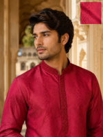 Royal Crimson Jacquard Men's Kurta with White Trousers - Image 5