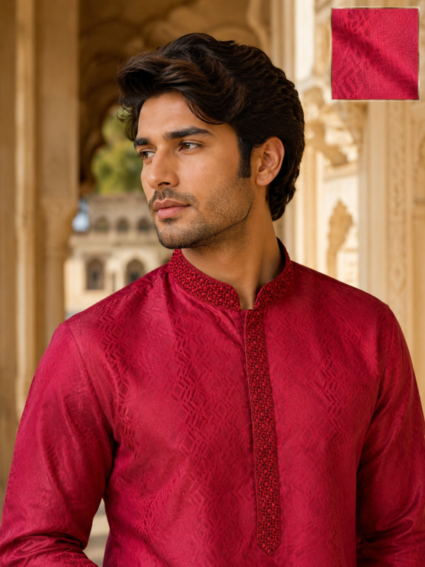 Royal Crimson Jacquard Men's Kurta with White Trousers - Image 5