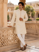 Classic Cream Embroidered Ethnic Kurta for Men - Image 3