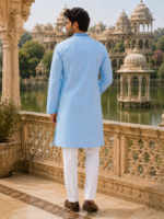 Sky Blue Textured Cotton Ethnic Kurta with Embroidered Placket - Image 3