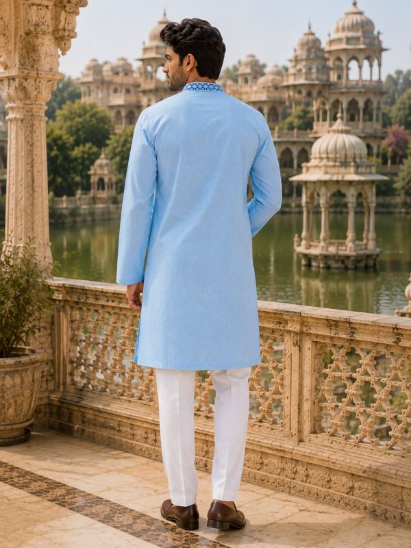 Sky Blue Textured Cotton Ethnic Kurta with Embroidered Placket - Image 3