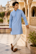 Heritage Sky Blue Textured Cotton Kurta - Image 4