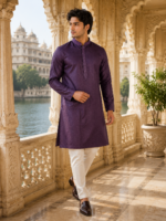 Royal Purple Embroidered Silk Kurta for Men - Image 4