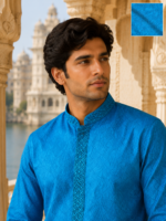 Royal Blue Intricate Self-Jacquard Ethnic Kurta - Image 4