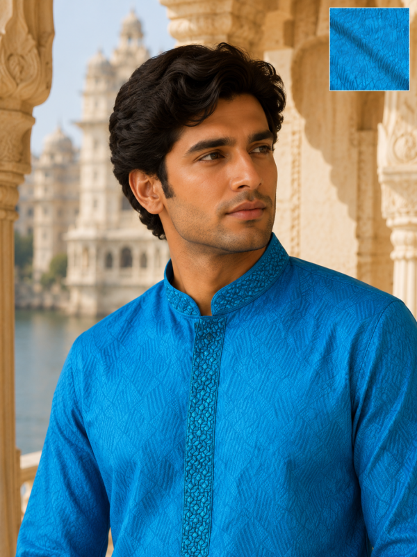Royal Blue Intricate Self-Jacquard Ethnic Kurta - Image 4