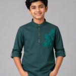 Boys' Dark Teal Floral Embroidered Cotton Kurta Shirt