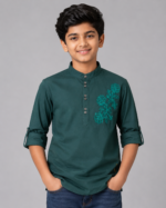 Boys' Dark Teal Floral Embroidered Cotton Kurta Shirt
