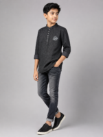 Boys' Charcoal Grey Textured Ethnic Kurta & Slim-Fit Denim Set - Image 4
