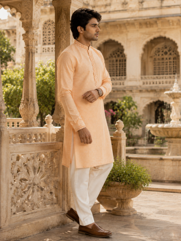 Elegant Peach Embroidered Kurta Set for Men - Image 2