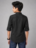 Boys' Black Mandarin Collar Kurta with Red Floral Embroidery - Image 3