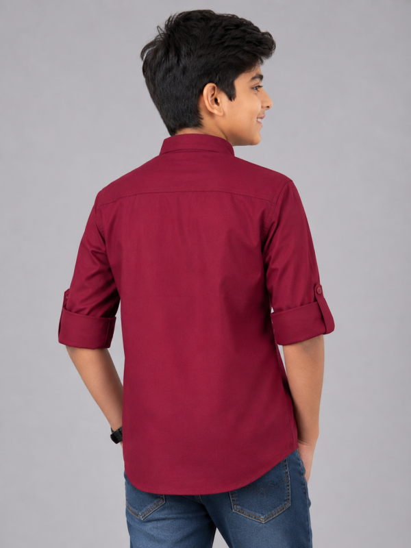 Boys Maroon Embroidered Mandarin Collar Kurta Shirt - Image 3