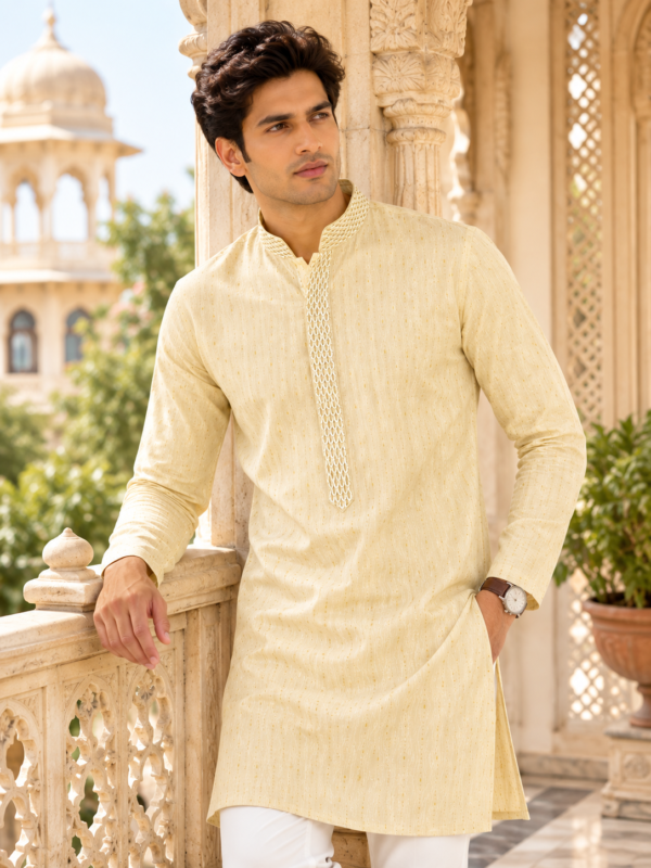 Imperial Beige Embroidered Cotton Silk Kurta for Men - Image 4