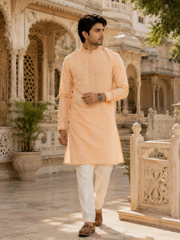 Elegant Peach Embroidered Kurta Set for Men - Image 3