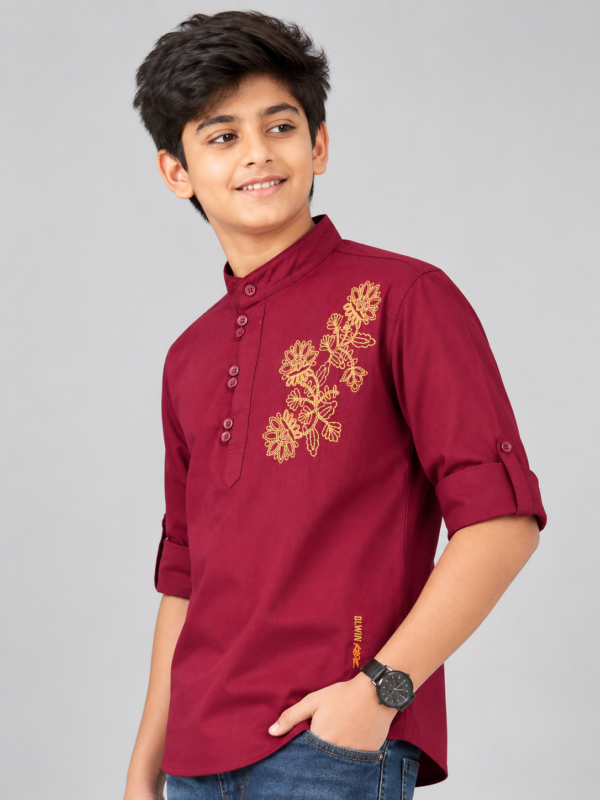 Boys Maroon Embroidered Mandarin Collar Kurta Shirt - Image 4
