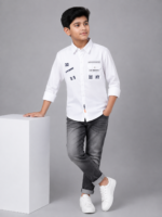 Boys Crisp White Casual Button-Down Shirt with Graphic Back Detail - Image 3