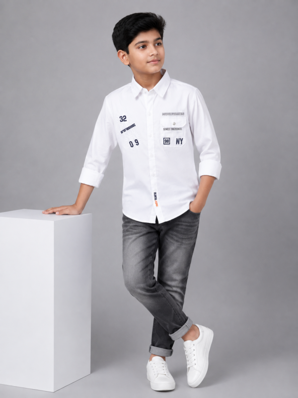 Boys Crisp White Casual Button-Down Shirt with Graphic Back Detail - Image 3