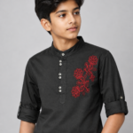 Boys' Black Mandarin Collar Kurta with Red Floral Embroidery