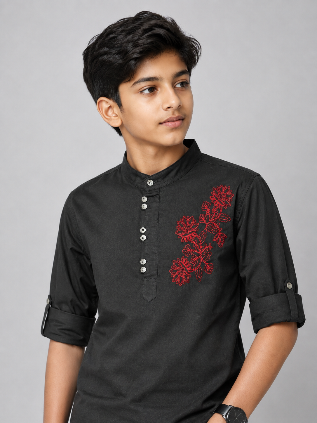 43e7537f-56f6-47ea-a014-724675b01240 Boys' Black Mandarin Collar Kurta with Red Floral Embroidery - Image 1