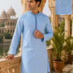 Sky Blue Textured Cotton Ethnic Kurta with Embroidered Placket