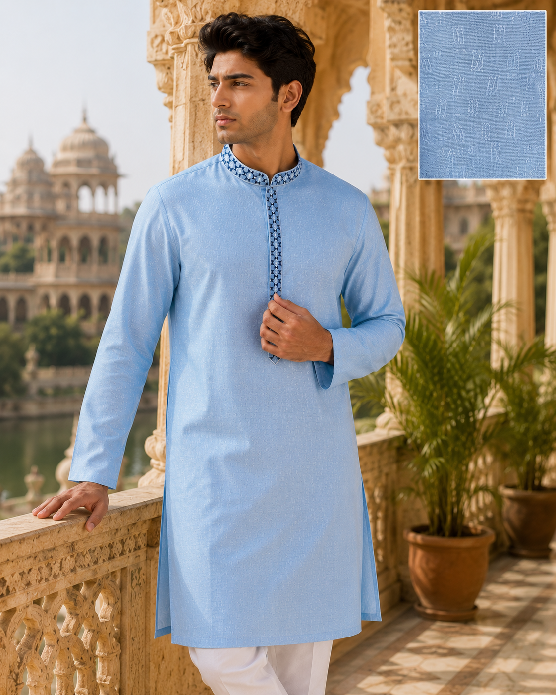44b5fca7-0260-4521-aa8e-891de68b12c6 Sky Blue Textured Cotton Ethnic Kurta with Embroidered Placket - Image 1