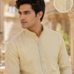 Imperial Beige Embroidered Cotton Silk Kurta for Men