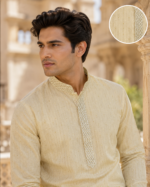 Imperial Beige Embroidered Cotton Silk Kurta for Men