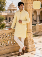 Sun-Kissed Pastel Yellow Embroidered Cotton Kurta for Men - Image 3