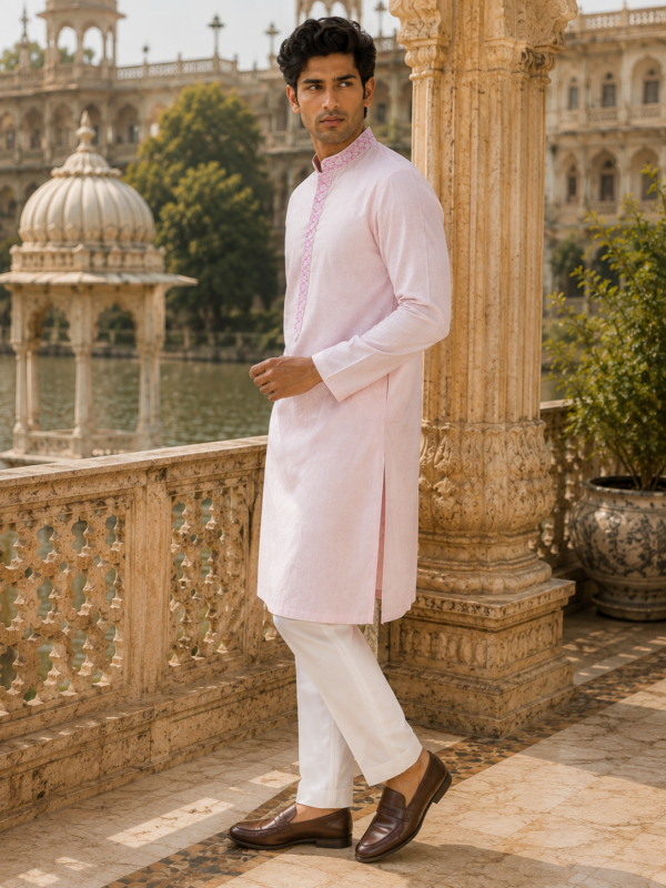 Pastel Pink Embroidered Cotton Kurta Set for Men - Image 2