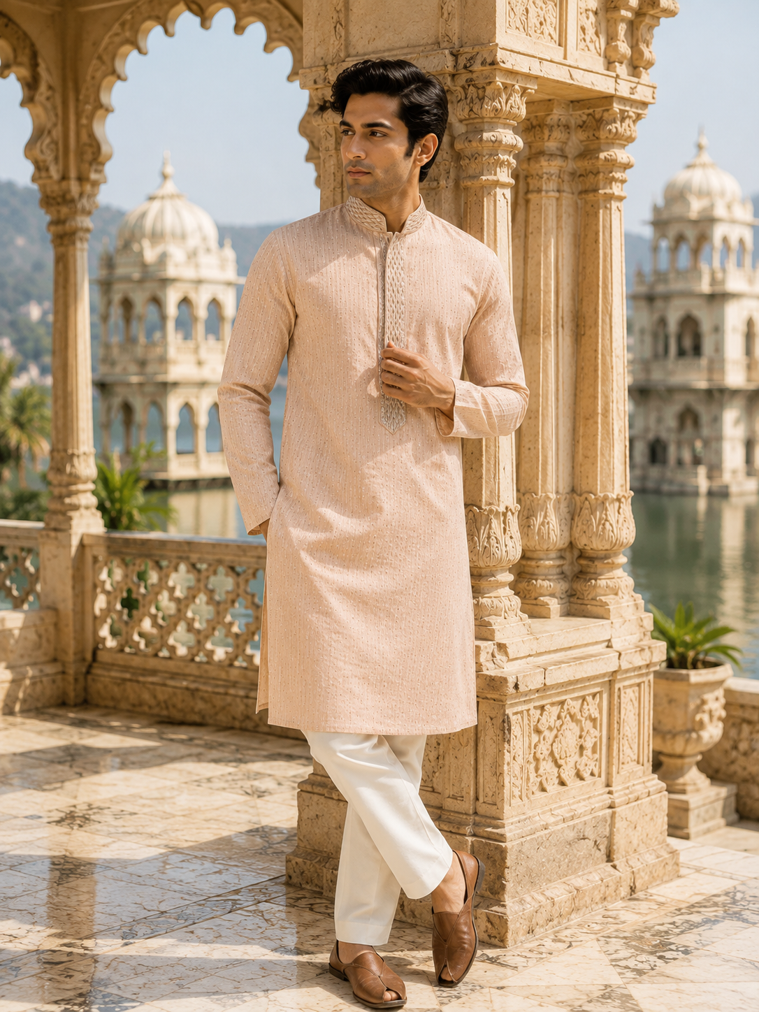 4db6fca3-e215-4da7-b842-a01abc396282 Elegant Blush Peach Embroidered Men's Kurta - Image 1
