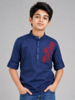 Boys Navy Blue Embroidered Mandarin Collar Shirt - Image 2
