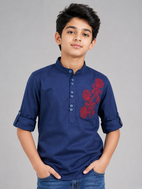 Boys Navy Blue Embroidered Mandarin Collar Shirt - Image 2