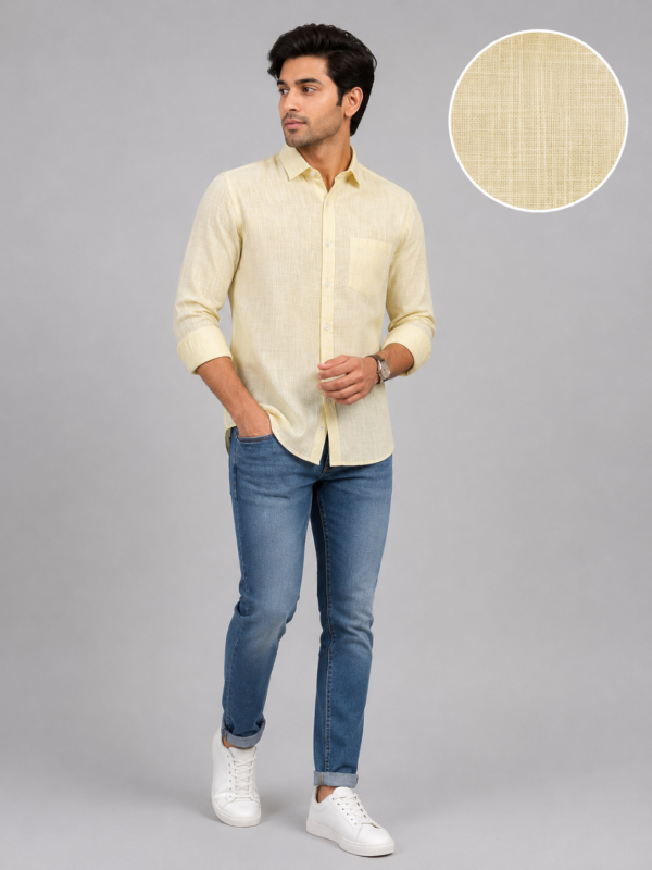 Men's Premium Light Yellow Textured Linen Casual Shirt - Image 5