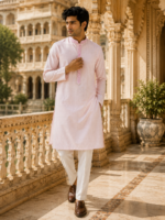Pastel Pink Embroidered Cotton Kurta Set for Men - Image 3