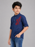 Boys Navy Blue Embroidered Mandarin Collar Shirt - Image 4