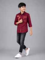 Boys Maroon Graphic Print Casual Button-Down Shirt - Image 3