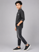 Boys' Charcoal Grey Textured Ethnic Kurta & Slim-Fit Denim Set