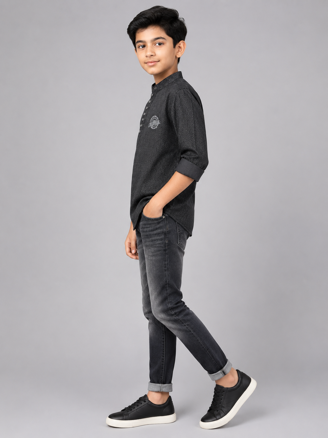 62ff0b33-1563-41e3-b4de-0ae055c6f5b8 Boys' Charcoal Grey Textured Ethnic Kurta & Slim-Fit Denim Set - Image 1