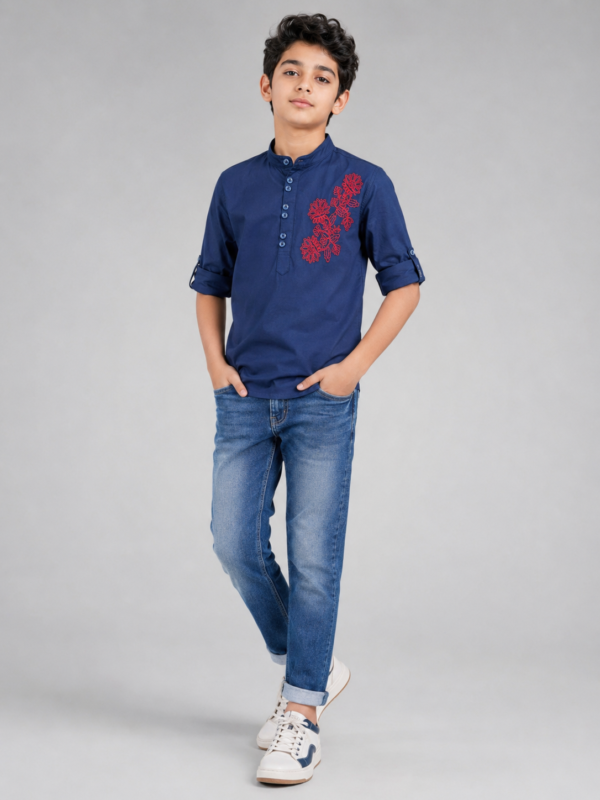 Boys Navy Blue Embroidered Mandarin Collar Shirt - Image 5